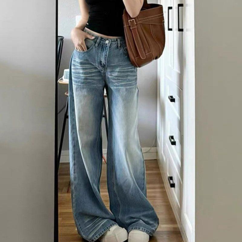 American retro wide-leg jeans women's 2026 summer new washed blue loose and thin straight floor pants
