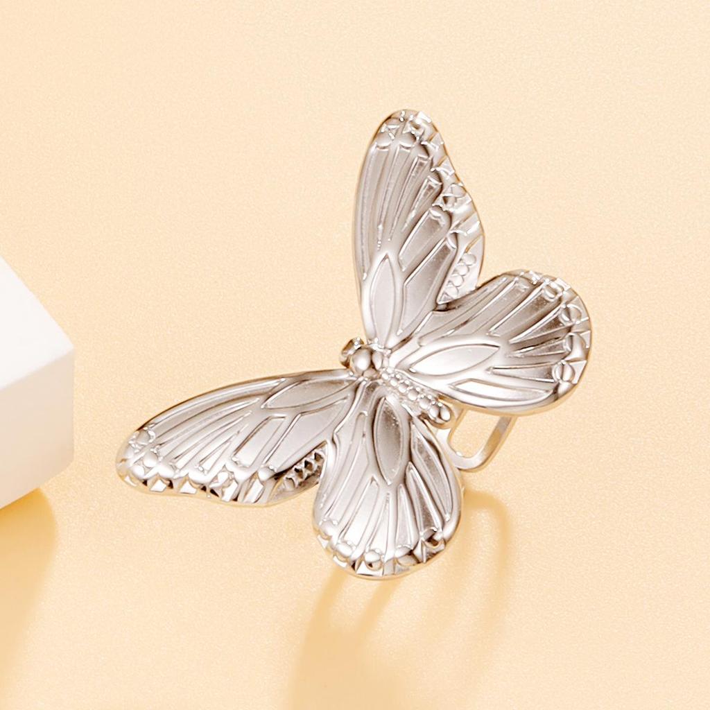 Stainless Steel Retro Elegant Butterfly Ring - Adjustable, Exaggerated Index Finger Design for Women