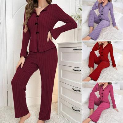 Women 2 Piece Lounge Set Ribbed Button Down Lapel Collar Bowknot Pajamas Set Long Sleeve