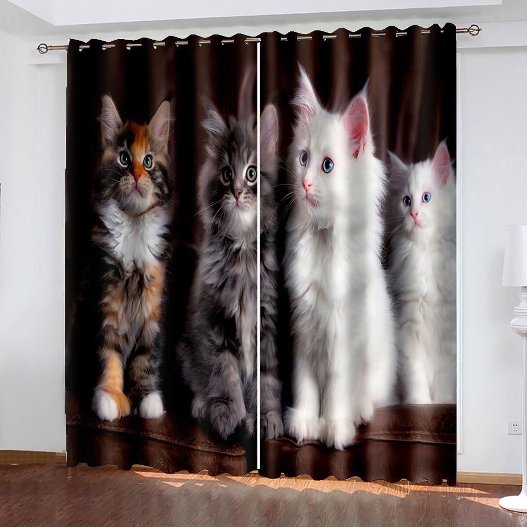 3D Cheap Cartoon Cat Cute Funny Design Shade Thin 2 Piece Window Curtain for Children's Kid Bedroom Living Room Decor on Sale