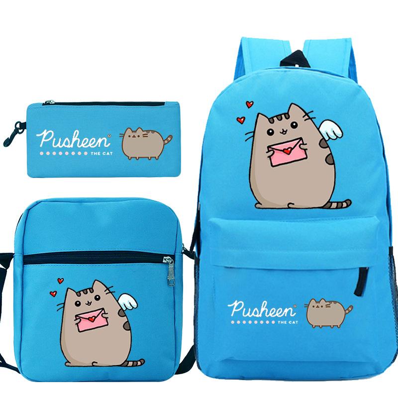Pusheen fette Katze niedlicher Cartoon bedruckter Schulranzen grenzüberschreitende Studenten tragbare Umhängetasche Federmäppchen dreiteiliges Set