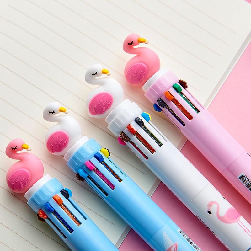 Flamingo Pastel Girly Heart Series 10-color Ballpoint Pens, Multicolor Student Office Hand Account Colored Stationery