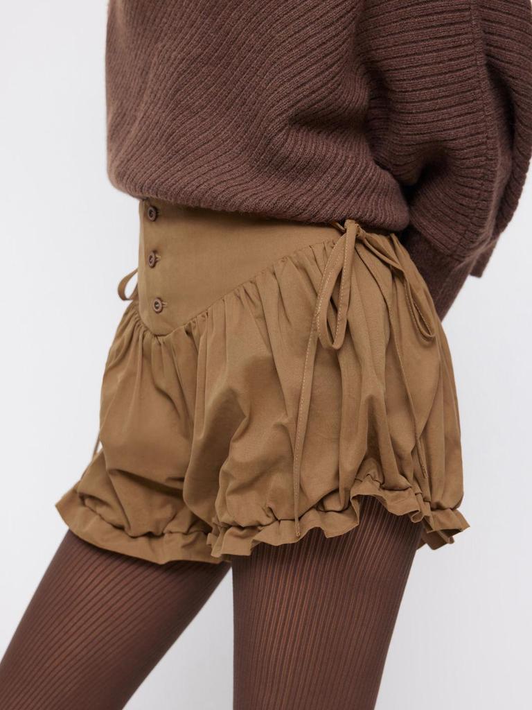 Shorts de Burbuja con Cordones y Volantes de Encaje de Cintura Alta para Mujeres Europeas y Americanas