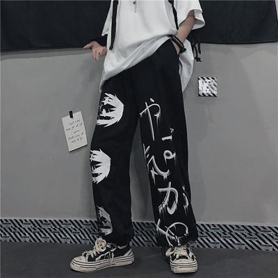 Erkek Sokak Giyim Geniş Paça Oversize Pantolon Siyah Harajuku Baskılı Anime Eşofman Altı Bol Günlük Spor Düz Kesim Pantolon Erkek