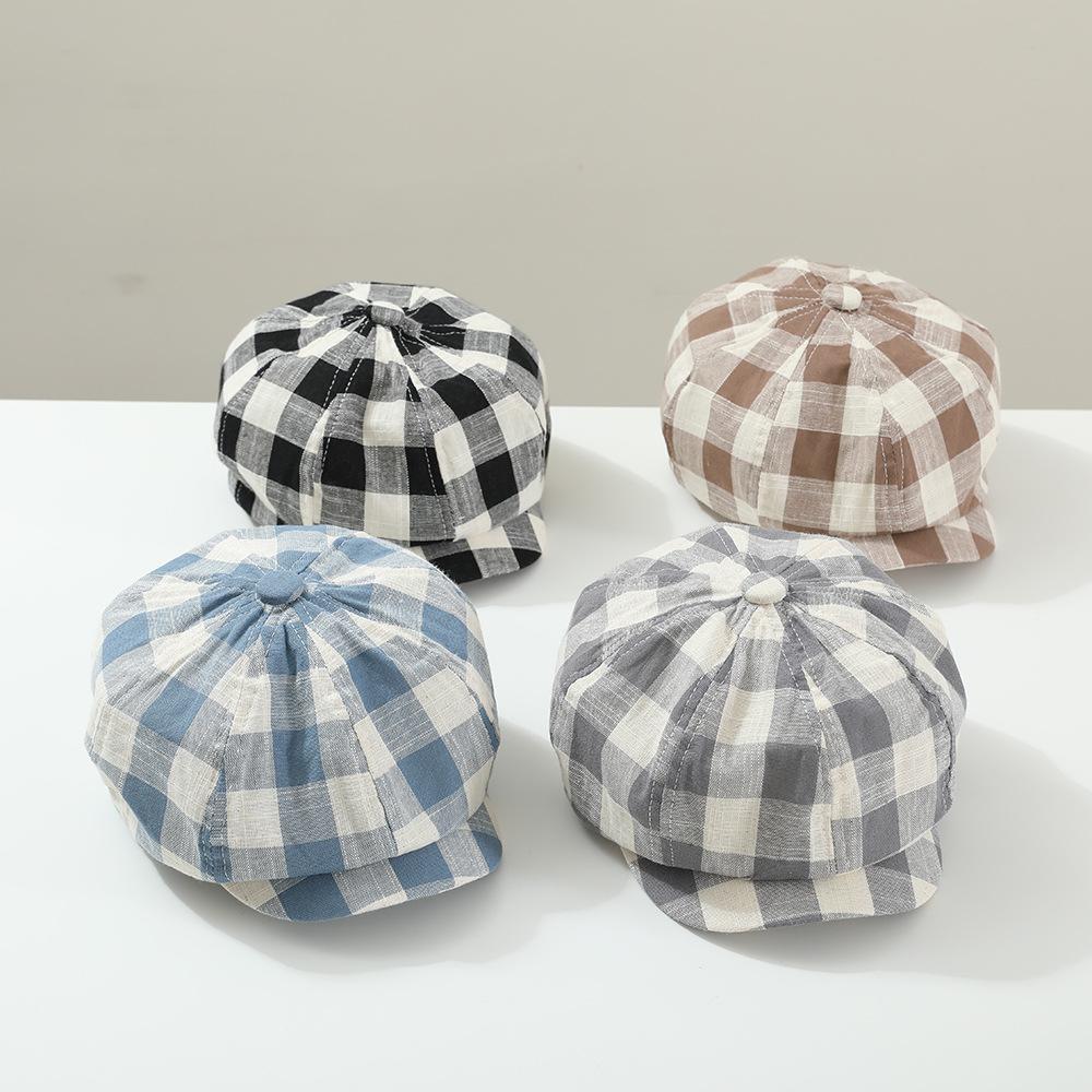 New Children's Plaid Front Hat Spring and Autumn Retro Baseball Cap Painter Hat Baby British Breathable Outdoor Beret
