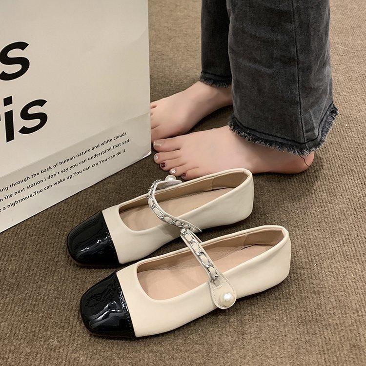 

Mary Jane Small Leather Shoes Girl 2025 Autumn New Fairy Style Pearl Buckle Versatile Flat Bean Single Shoes Woman 40 бежевый