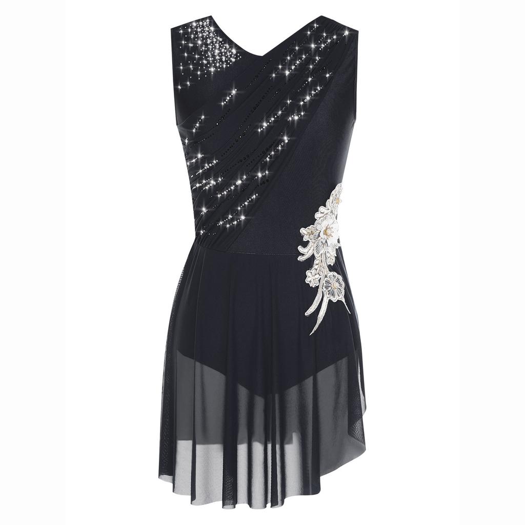 Womens Lyrical Dance Dress Sleeveless Ruched Mesh Overlay Shiny Rhinestones Side Slit Ice Skating Costume