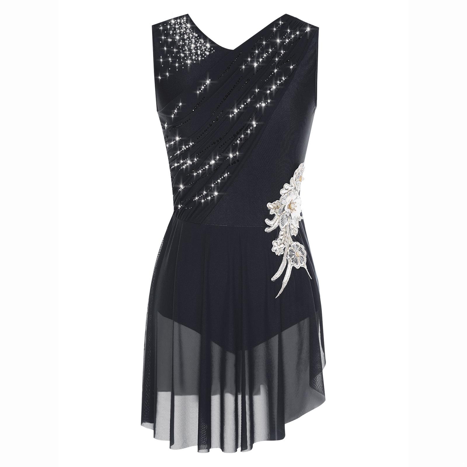 

Womens Lyrical Dance Dress Sleeveless Ruched Mesh Overlay Shiny Rhinestones Side Slit Ice Skating Costume S чорний