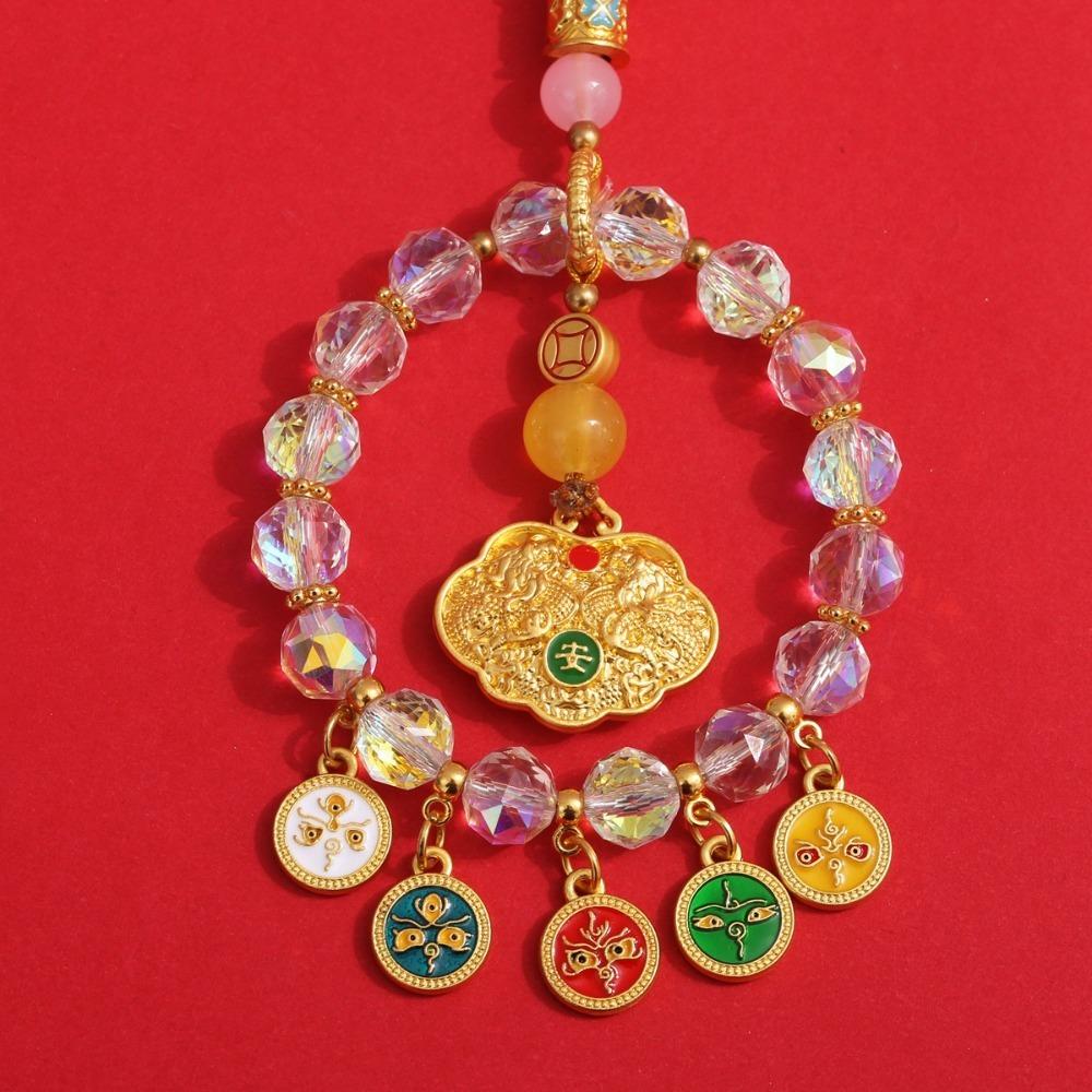 Gold Foil Car Mirror Dangle Pendant Lucky Lock Five Paths Wealth Goddess Mobile Phone Chain Beads Hangings Decor Colorful Abacus