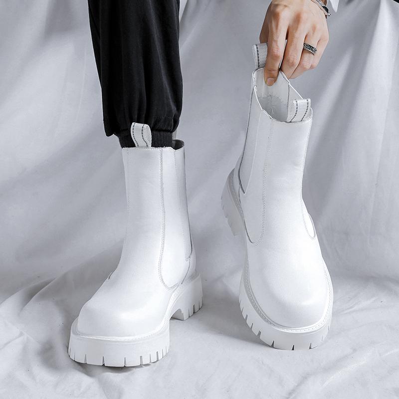 Fashion Men's Fashion Stage Nightclub Dress Chelsea Boots Black White Genuine Leather Shoes High Top Platform Boot Long Botas Masculinas