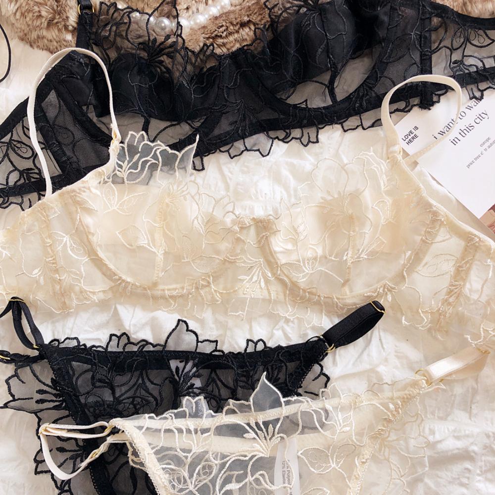 French Underwear Set Sexy Lace Flowers Embroidery Bra Set Women Intimates Summer Ultra Thin Breathable Bralette Lingerie Panties
