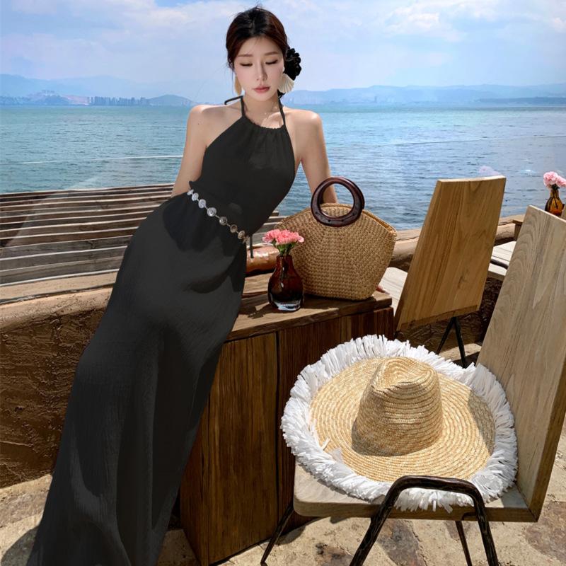 Seaside Vacation Beach Dress Women s Spring and Summer New Design Sense Big Leak Back Sexy Neck Dress S чёрный