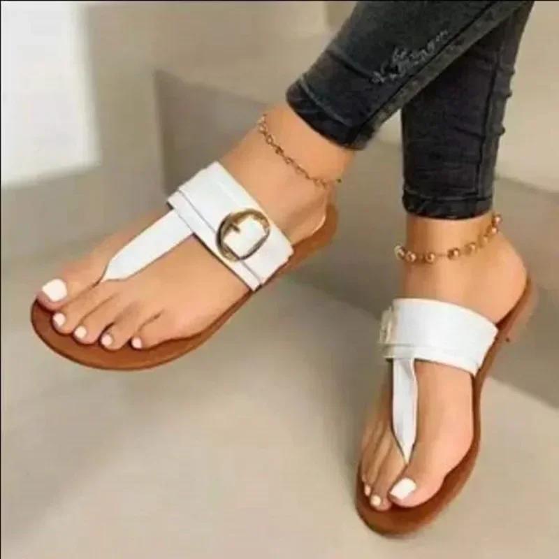 Women's Shoes 2024 Fashion Summer Women's Slippers Solid Color Flip-Toe Buckle Open Toe Low Heel Beach Women's Zapatos Mujer