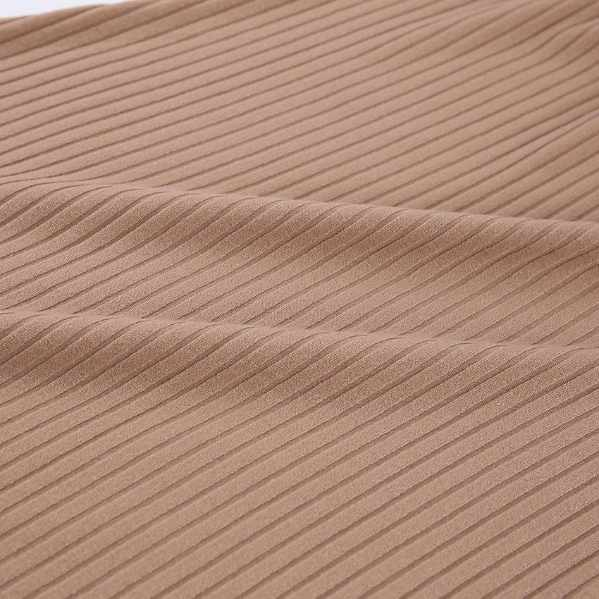 Geteiltes, solides Strickkleid, langärmelig, Khaki, gerippt, lässige Damenkleider, Midi-Damen, figurbetontes Kleid