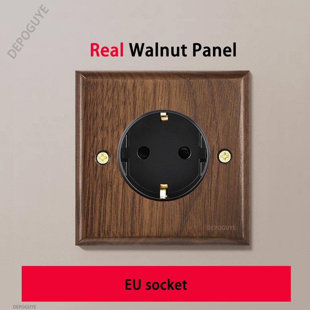 Black Retro Walnut Wall Toggle Switch Panel 1-4Gang 2Way Solid Wood Double EU/FR Socket Universal Usb C Electrical Power Outlet