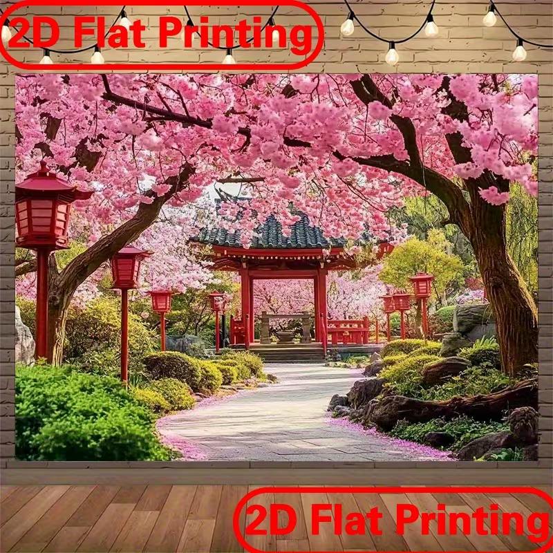 2D Japanese Cherry Blossom Shrine Backdrop Sakura Garden Background