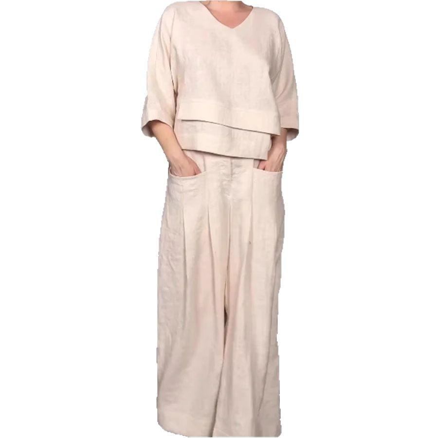 Women's Loose Fit V-Neck Layered Top with Wide Leg Pants Set In White, Grey, Black, Navy, Beige