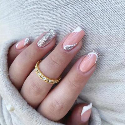 Secret Lives Glossy Reusable Artificial Pink Color with White & Silver French Tips Design Fake False Press On Nails 24 Pieces Set with Kit