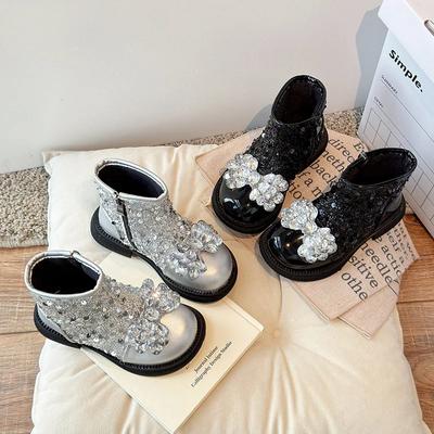 Kids Princess Boots with Sparkling Glitter Girls Ankle Boots with Crystal Bow 2024 New Children Leather Boots with Side Zipper