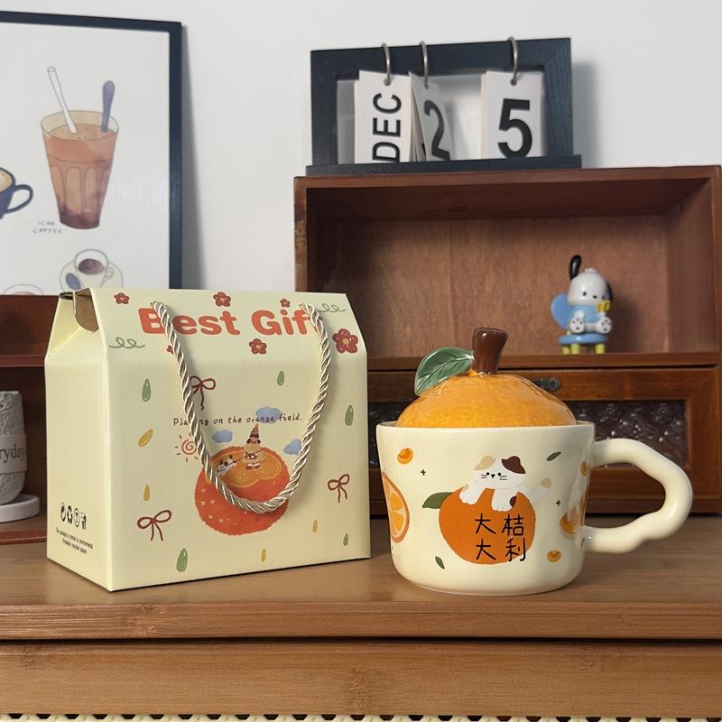 Daji Dali Orange Ceramic Cup with Lid Cute Cat Mug New Year Gift Coffee Cup Office Water Cup