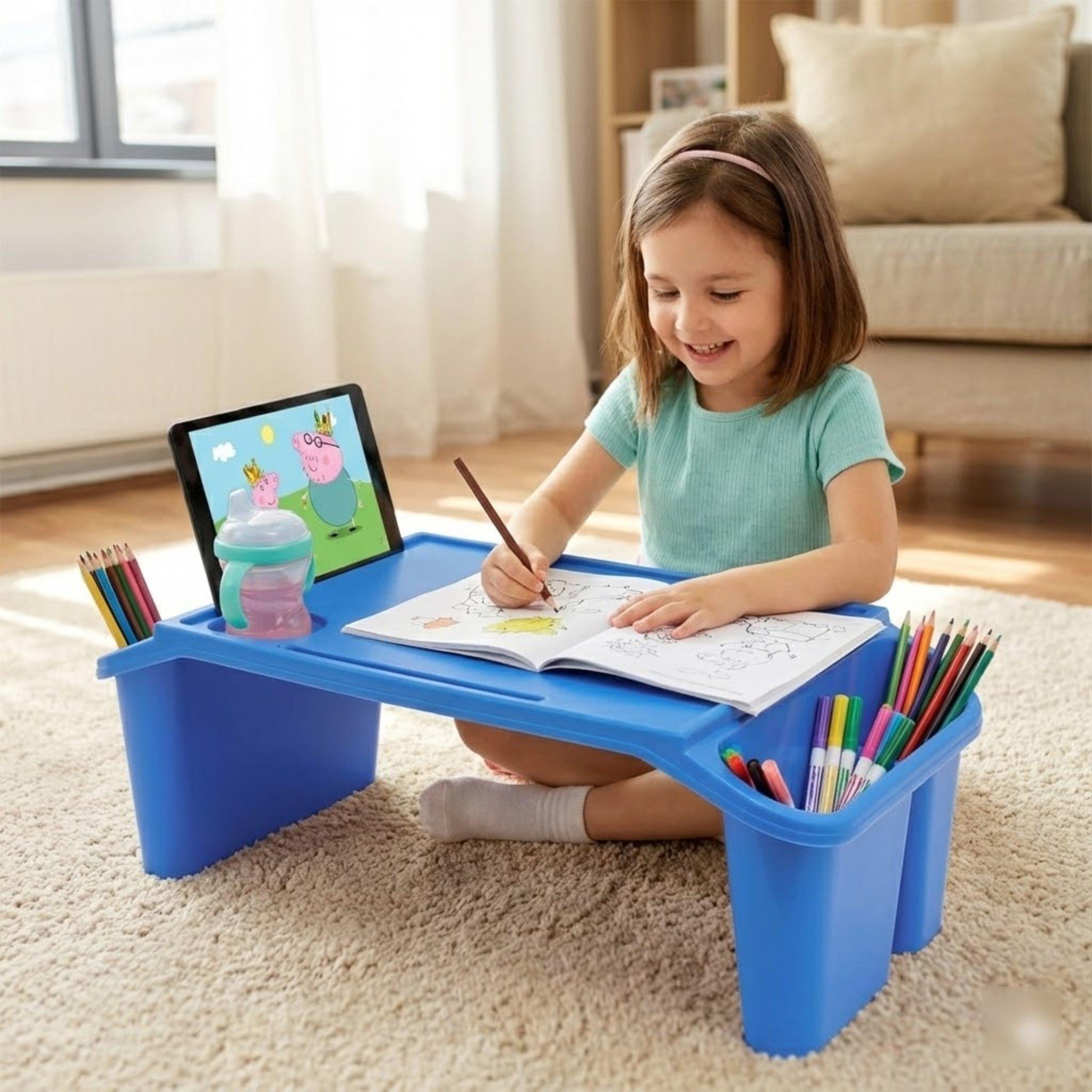 

6 шт. Синий поднос-столик для детей и малышей, стол для занятий с карманами для хранения, подстаканник, для кровати, дивана, пола, рисования, еды United States