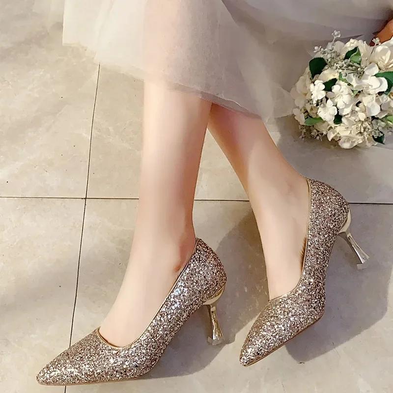 High Heels Women Wedding Shoes Bride Gold Heels Luxury Designer Elegant Party Sandals Dress Strip Pole Dance Sexy Silver Heels