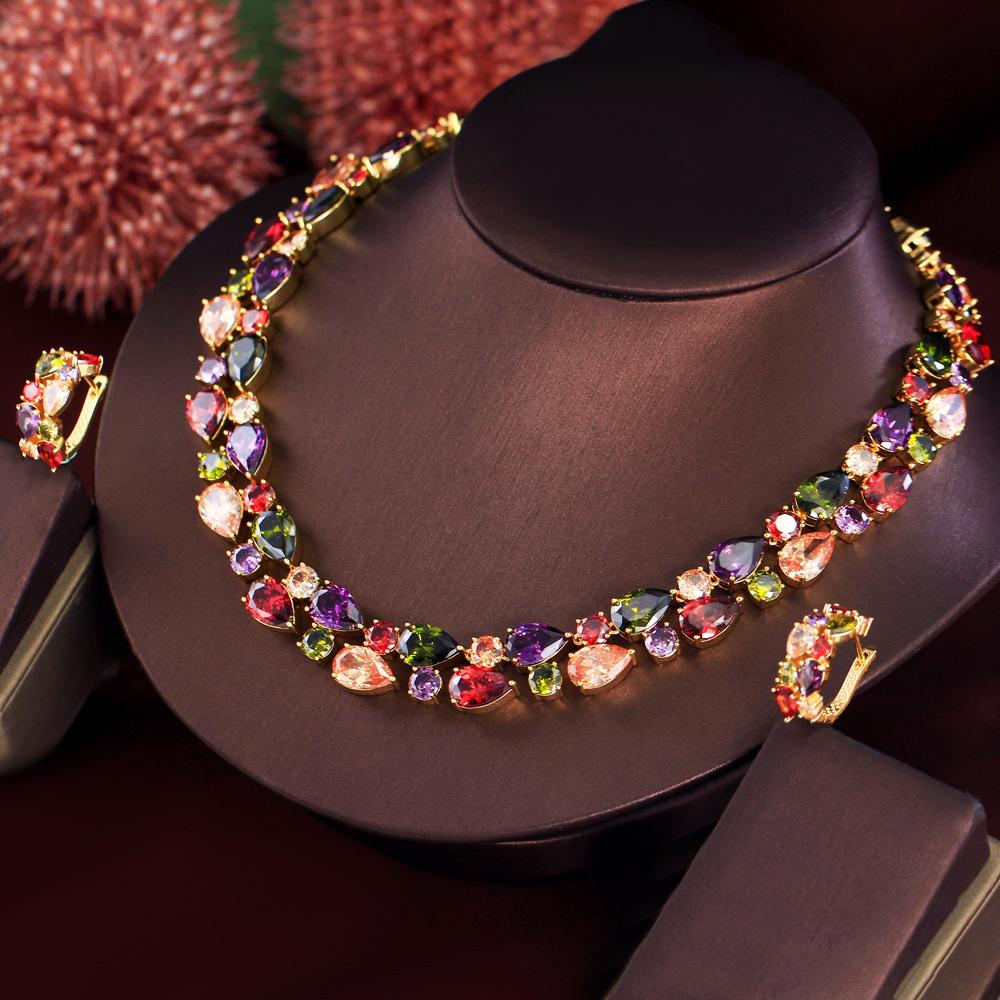 Luxury Zircon Water Drop Mona Lisa Set Chain Banquet Dress Colored Water Drop Earrings Necklace Set