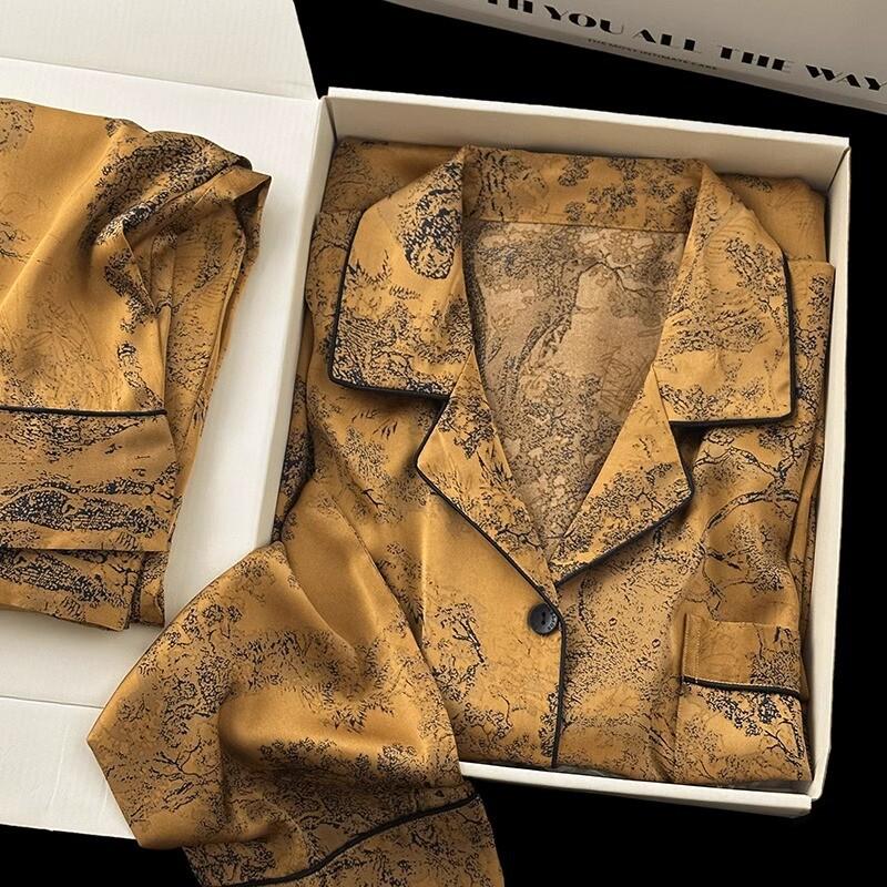 Pijama de Luxo Feminino Estampa de Animal da Selva Seda Gelo - Conjunto de Manga Comprida para Primavera/Outono