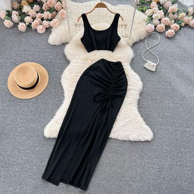 Two-Piece Suit Women's Summer Small Camisole High Waist Drawstring Slit Bag Hip Skirt