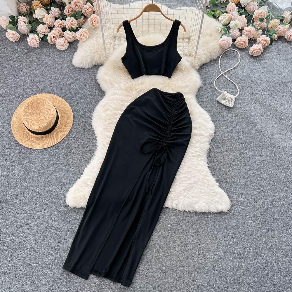 Two-Piece Suit Women's Summer Small Camisole High Waist Drawstring Slit Bag Hip Skirt