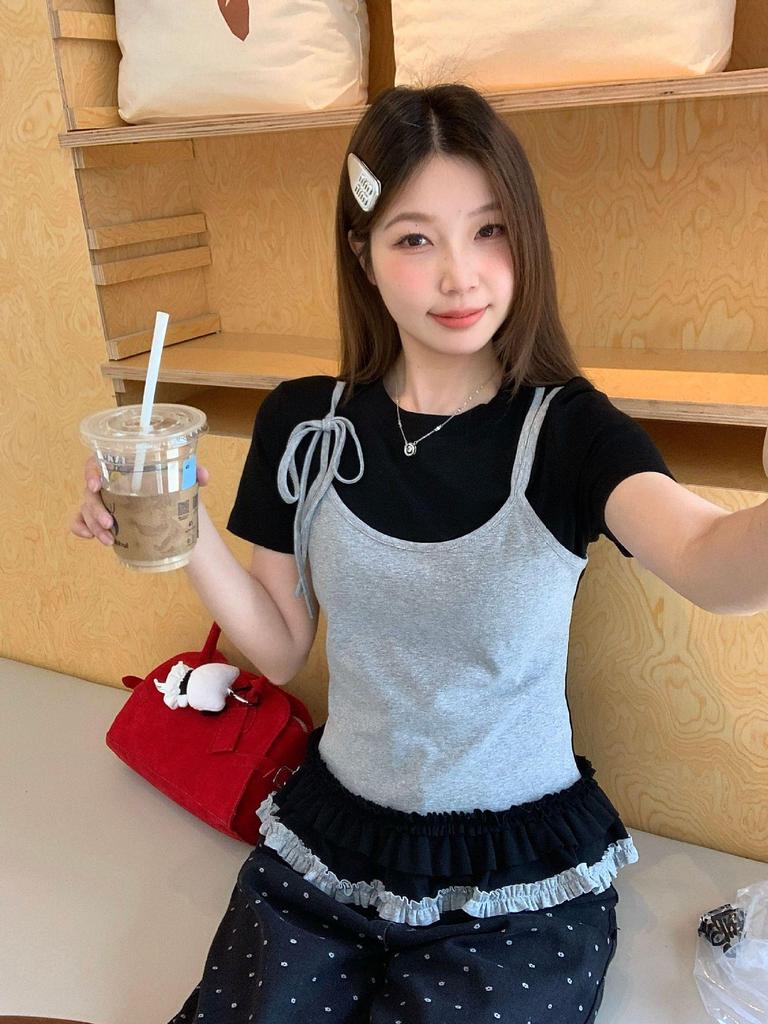 2025 Summer Lace Trim Color Block Sling T-shirt: Sweet & Spicy Girl Design