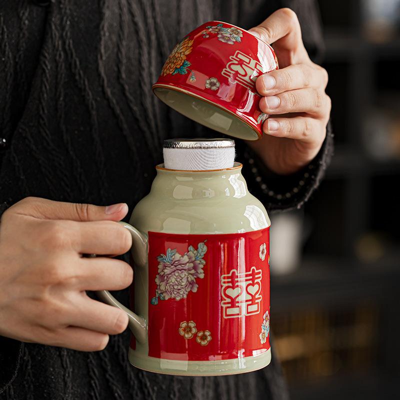 Ru Kiln Large Flower Ceramic Mug Large Capacity Small Warm Pot Home with Cover Chinese Retro Office Water Cup Tea Cup Teapot Gif