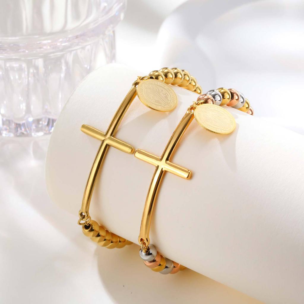 Stainless Steel Cross Curved Card Round Card Three-Color Beaded Gold Bracelet 2006