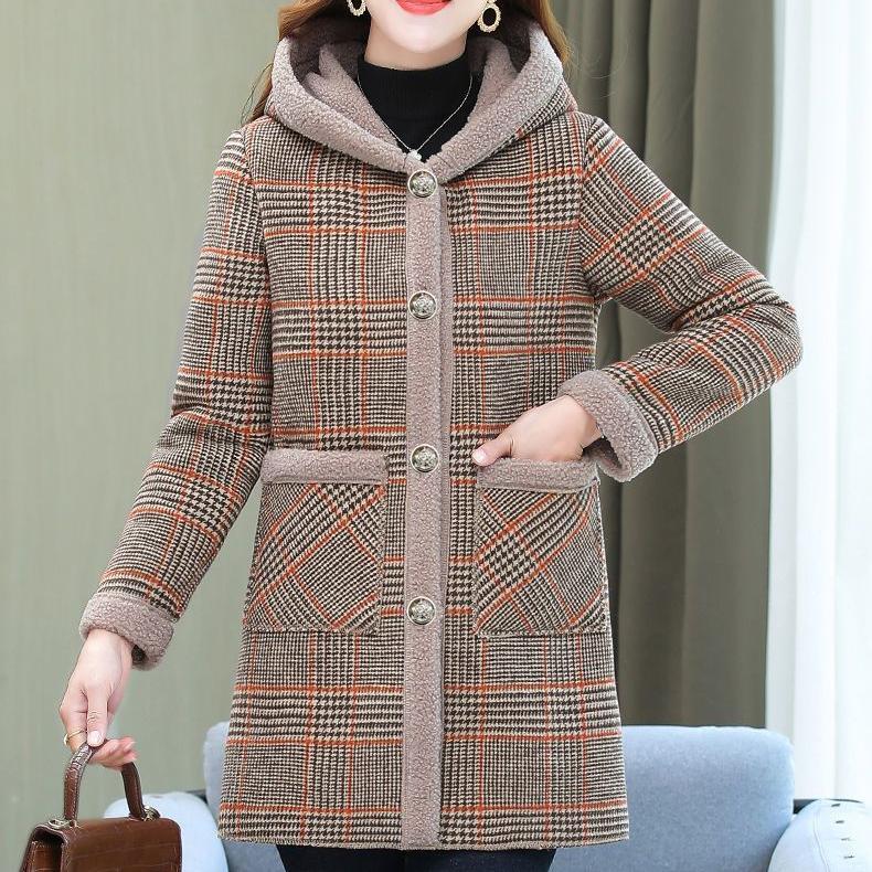 Mulheres Adicionar Veludo Xadrez Casaco Feminino Tops Femininos Meia Idade Mulheres Comprimento Médio Algodão-Acolchoado Jaquetas Inverno Com Capuz Quente À Prova de Frio Sobretudo