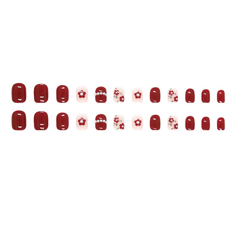 24 Pieces Cute New Year Holiday Atmosphere Wearing Nail Pearl Flower Bridal Manicure Box Fake Nail