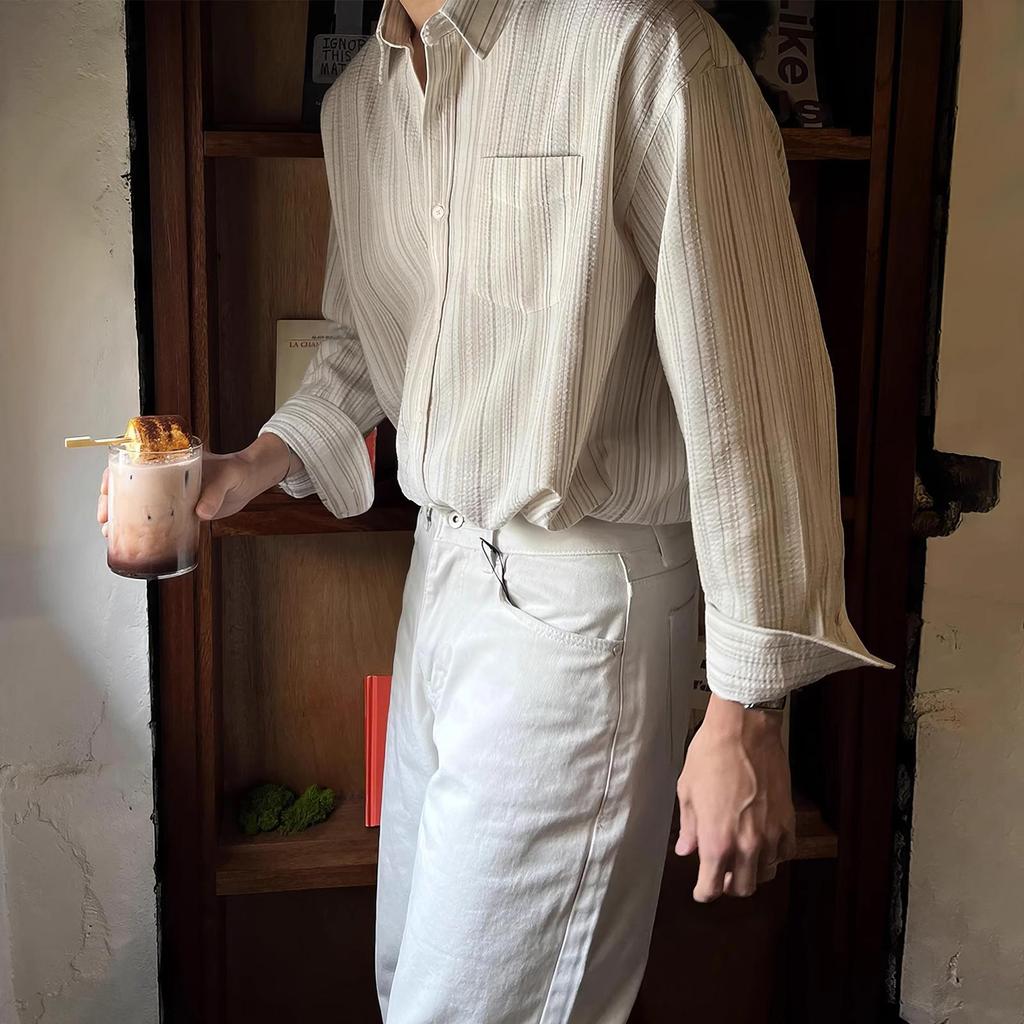 Men's Striped Long-Sleeve Casual Shirt - Early Autumn Korean Style, Non-Iron, High-Quality, Textured Design.
