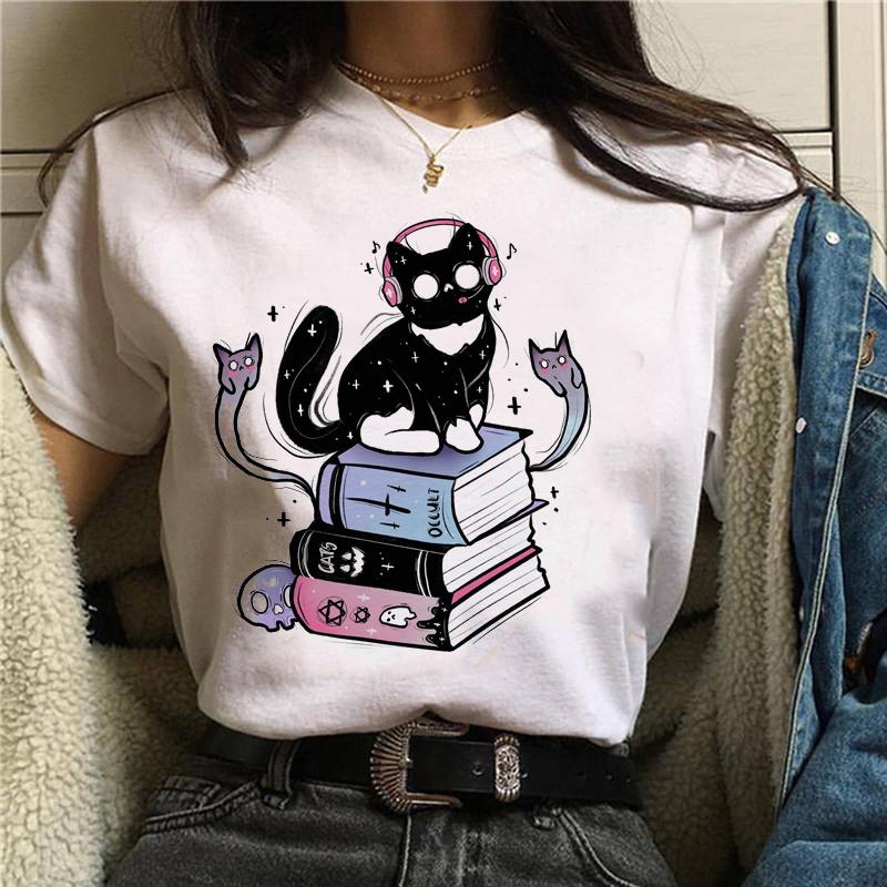 Women Anime Print T-Shirt Grunge Loose Steampunk Tees Gothic Female Harajuku Summer Clothing E-Girl Kawaii Aesthetic Top