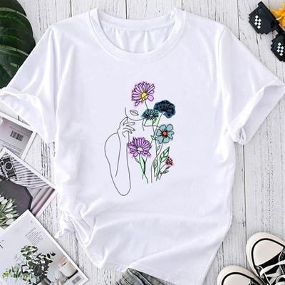 (Asian Size) Fashion Print Flower Watercolor Trend 90s Graphic Tee Female Casual T Clothing Casual Women's Top Short Sleeve T-shirt