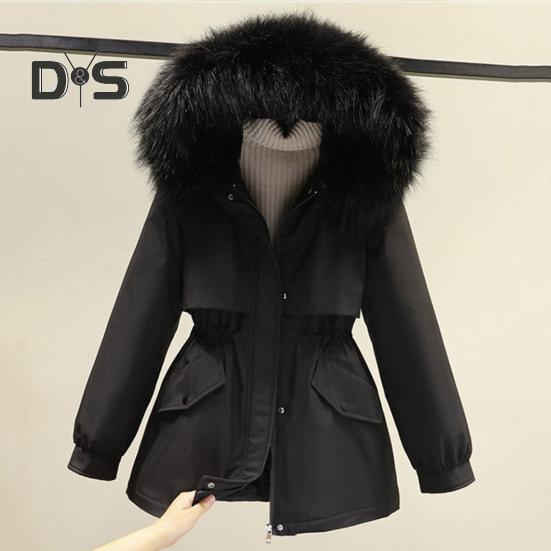 Winter Women Jacket Furry Hood Thickened Plush Long Sleeves Elastic Waist Pockets Zipper Closure Coat Mid Length Windproof Warm Overcoat