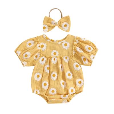 Baby Mädchen Strampler Daisy Print Kurzarm Rundhals Säugling Bodys Sommerkleidung mit Stirnband