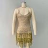 Women Evening Dress Sequin Tassel Decor Sleeveless Skinny Sheath Backless V Neck Prom Banquet Mini Dress
