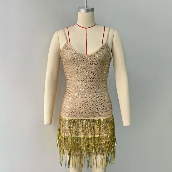 Women Evening Dress Sequin Tassel Decor Sleeveless Skinny Sheath Backless V Neck Prom Banquet Mini Dress