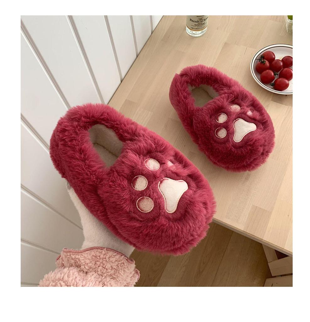 Women's Cute Korean Style Heart Plush Winter Slippers with Cat Paw Design and Soft Full Heel