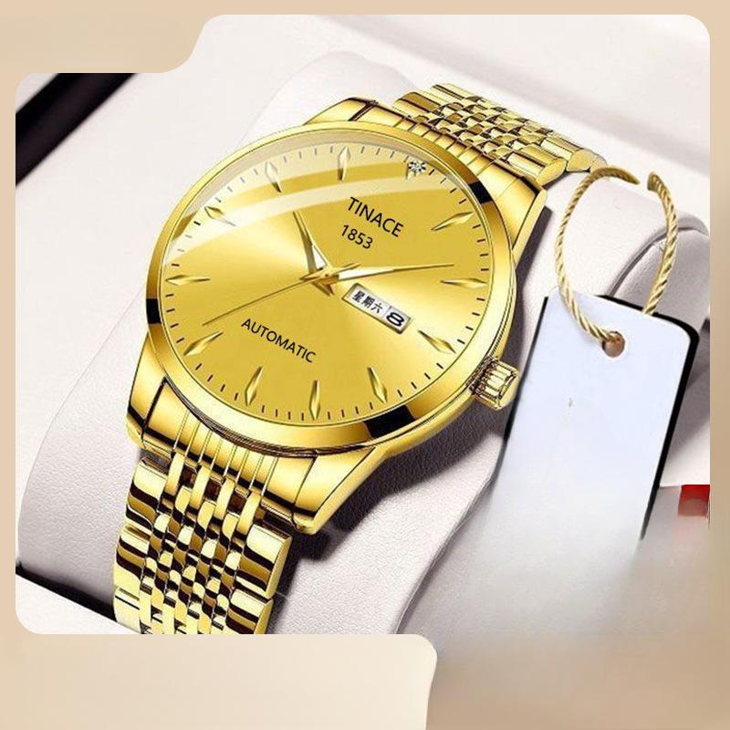 Mechanische Herren-Quarzuhr mit Doppeltem Kalender, Wasserdicht, Leuchtend im Dunkeln, Stahlbanduhr, Geschäftsuhr, Vollautomatisch