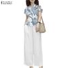 ZANZEA Women Short Sleeve Print Blouse and Long Pants Casual Two Piece Suit Sets