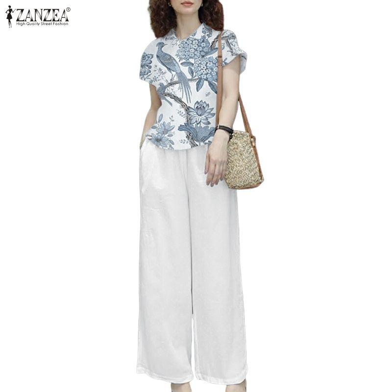 ZANZEA Women Short Sleeve Print Blouse and Long Pants Casual Two Piece Suit Sets
