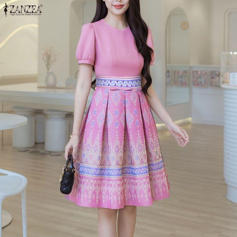 ZANZEA Women Casual Round Neck Short Sleeve Loose Print Dress