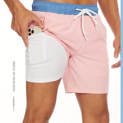 Men's Two Layers Board Shorts With Pockets, Athletic Quick Dry Slightly Stretch Drawstring Workout Shorts With Assorted Colors