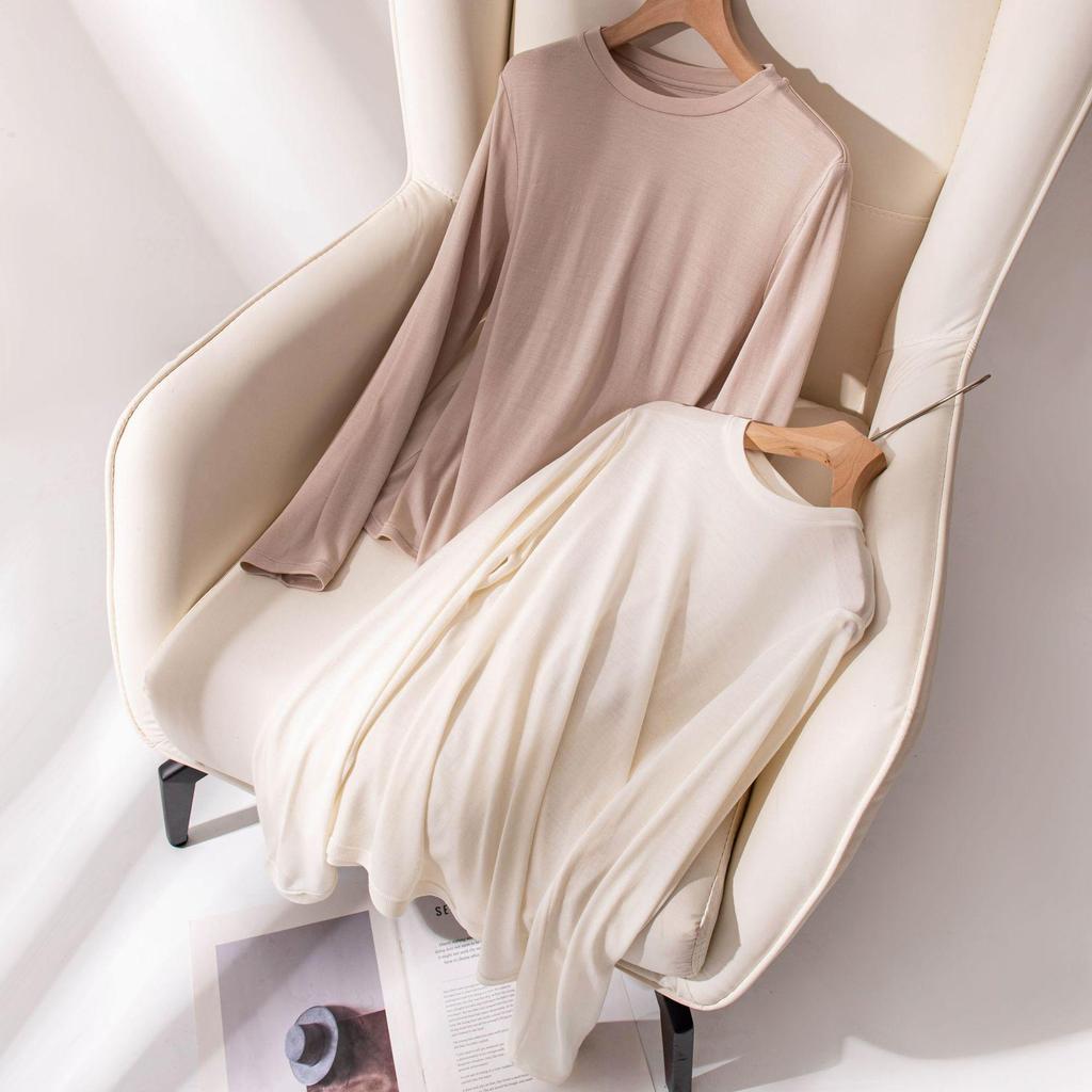 2025 Autumn Slimming Round Neck Silk Wool T-Shirt - Warm, Skin-Friendly, Solid Color