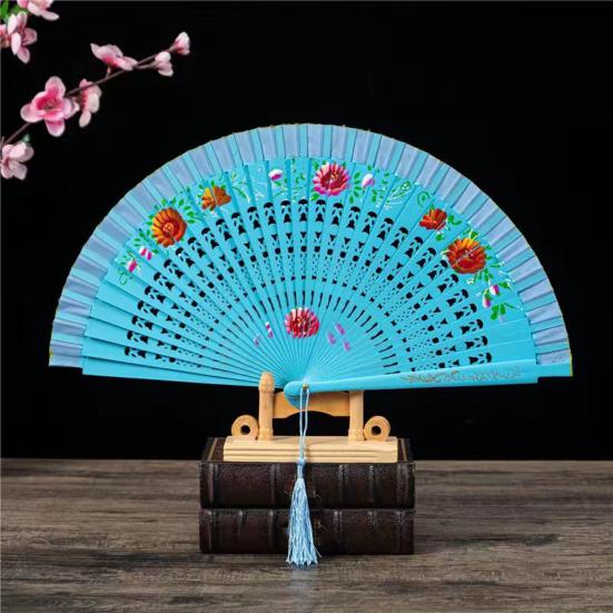 Faltfächer mit Quasten, doppelseitig, Blumenmuster, hohle Holzrippen, Laufstege, Tanz-Wing-Chun-Requisiten, Damen, Sommer-Handfächer, Partyzubehör
